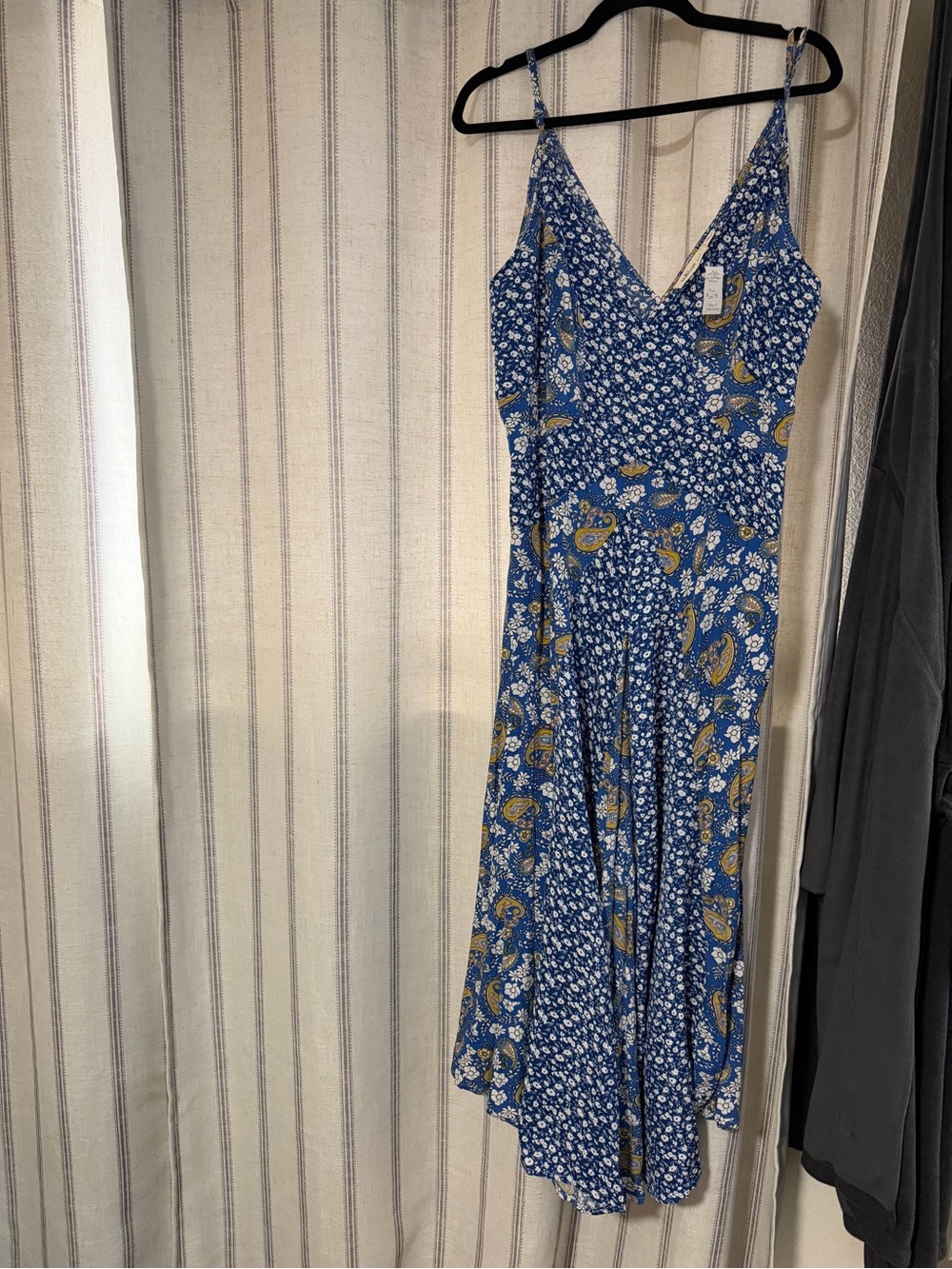 Millibon Blue Paisley Floral V-Neck Midi Slip Dress with Mustard Details